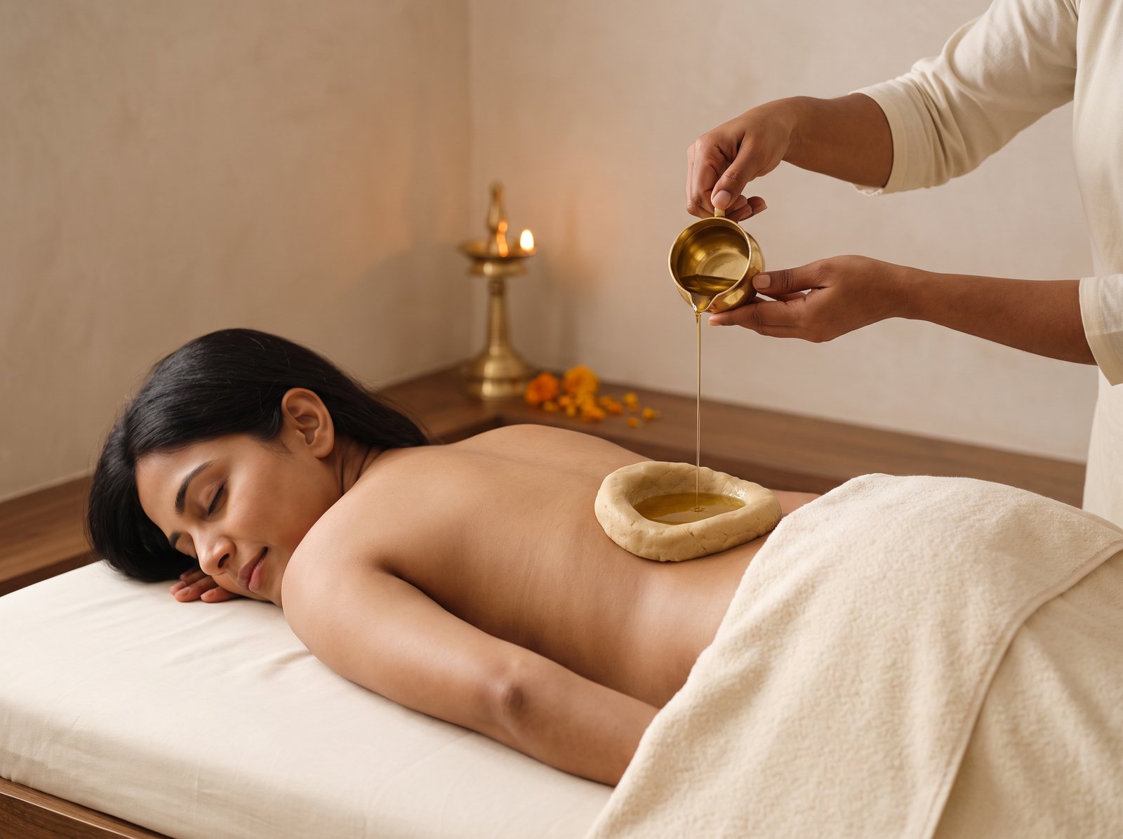 Kati Basti: warm golden herbal oil being poured into a ring of dough on the lower back