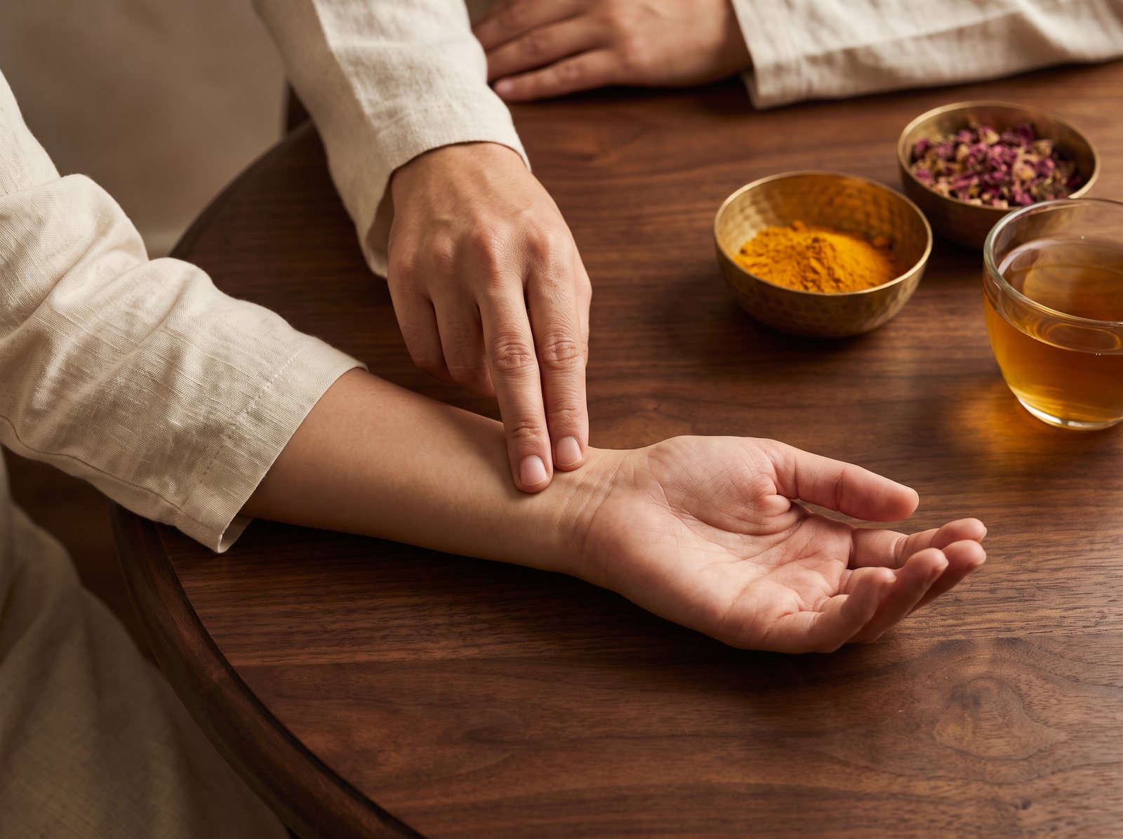 An Ayurvedic pulse reading at the wrist, with small brass bowls of turmeric and rose petals on the table