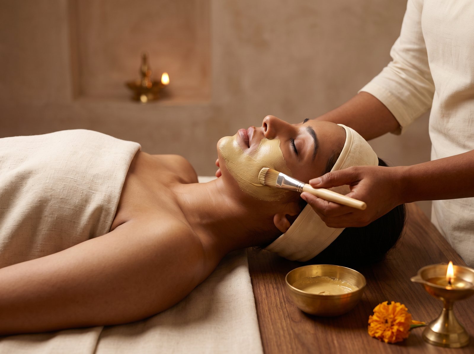 Ayurvedic facial: a pale golden herbal mask being brushed onto a woman's face