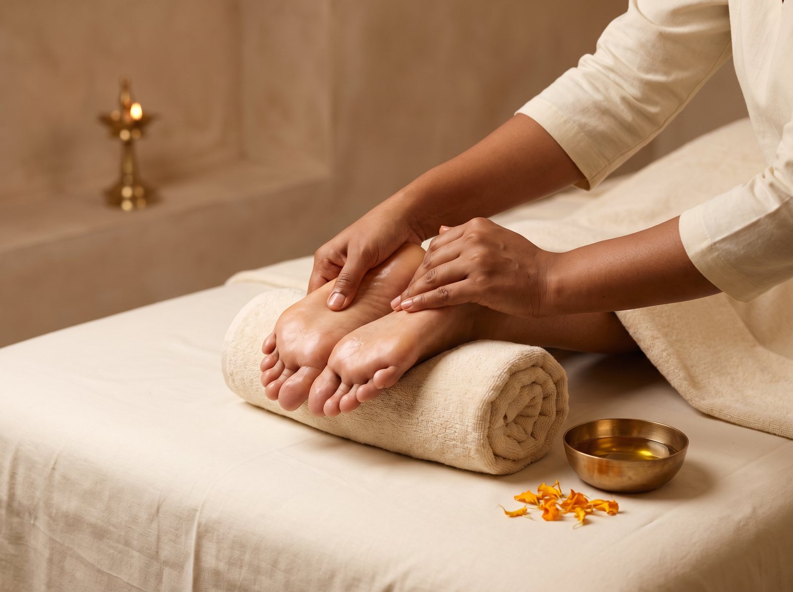 Ayurvedic foot massage: a therapist's hands working oil into a client's feet resting on a rolled towel
