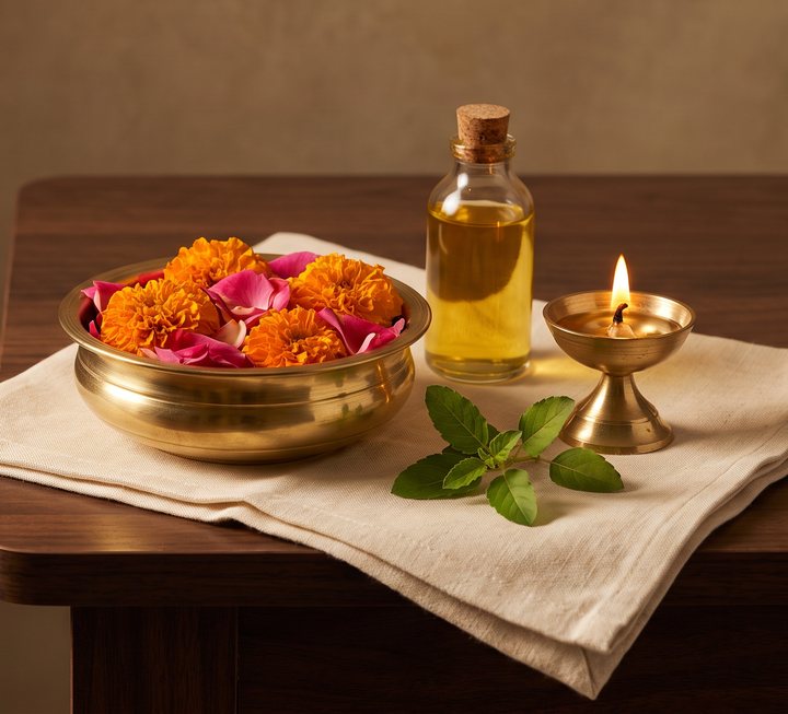 A brass bowl of marigold and rose petals, a bottle of golden herbal oil and a lit brass lamp on a linen cloth