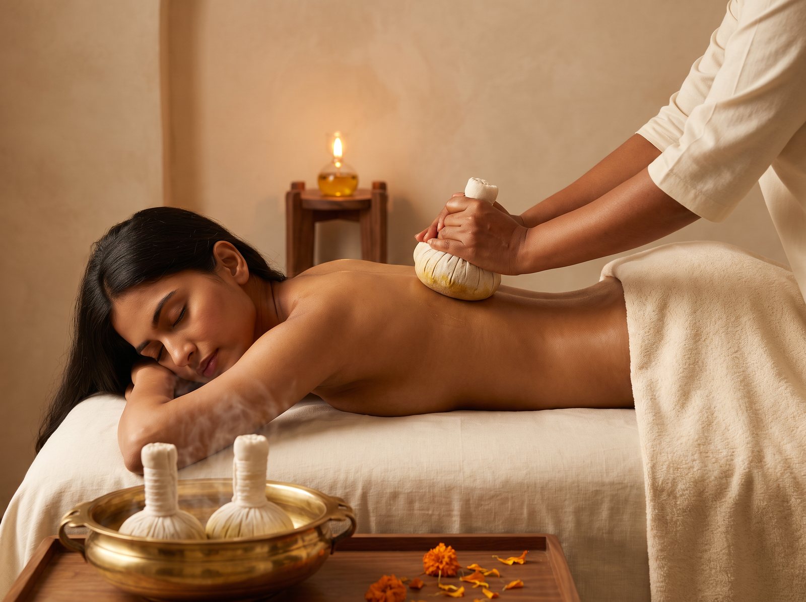 Kizhi: a warm herbal poultice pressed onto a woman's back, with more poultices in a brass bowl