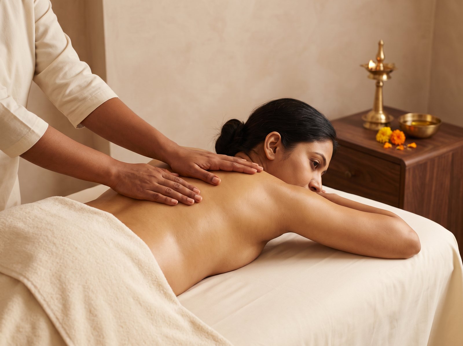 A therapist's hands giving a warm-oil Ayurvedic back massage in a calm cream treatment room
